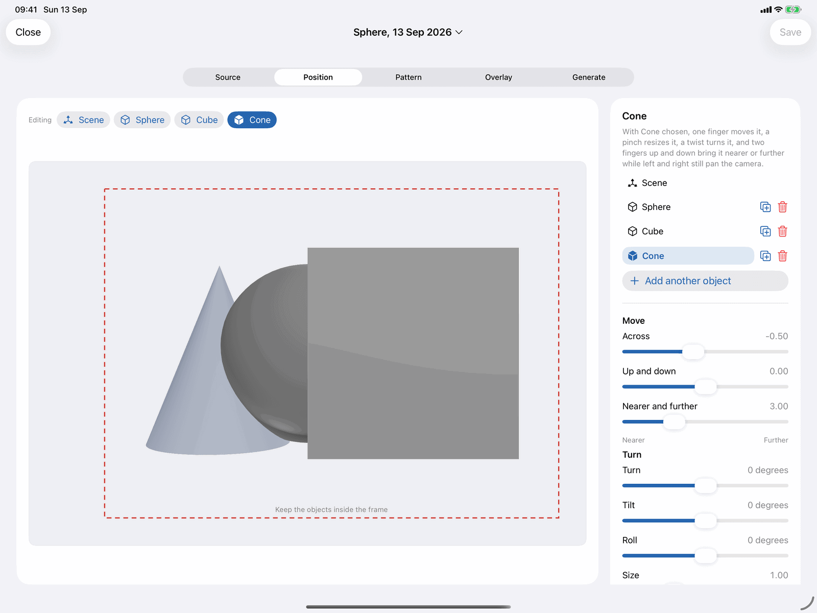 The Position step in Stereogram Studio on an iPad: a sphere, cube and cone arranged inside a dashed frame, with move, turn and size sliders for the selected object