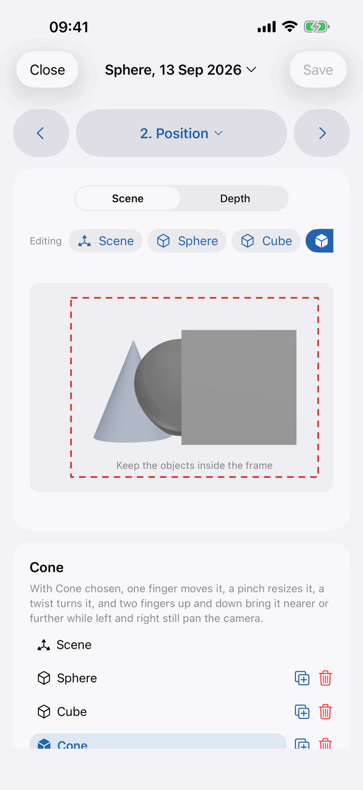 The Position step in Stereogram Studio on an iPhone: a sphere, cube and cone arranged inside the dashed frame