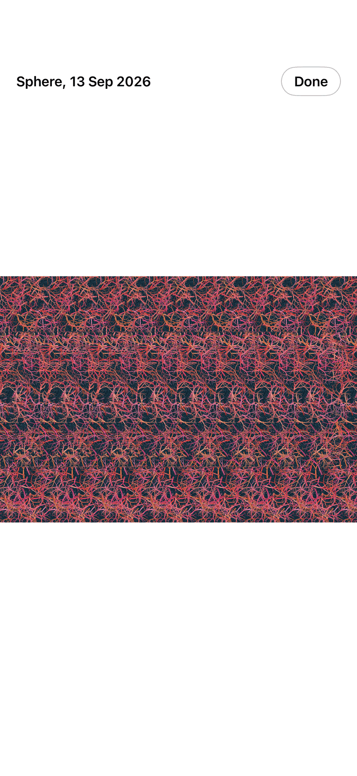 A generated stereogram opened edge to edge in the Stereogram Studio full screen viewer on an iPhone