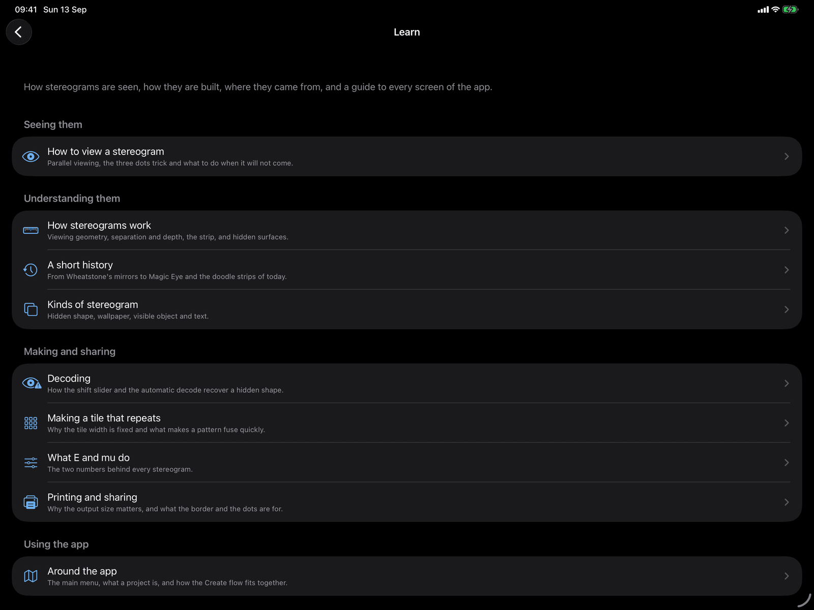 The Learn index in Stereogram Studio on an iPad in dark mode, listing articles on seeing, understanding, making and sharing stereograms