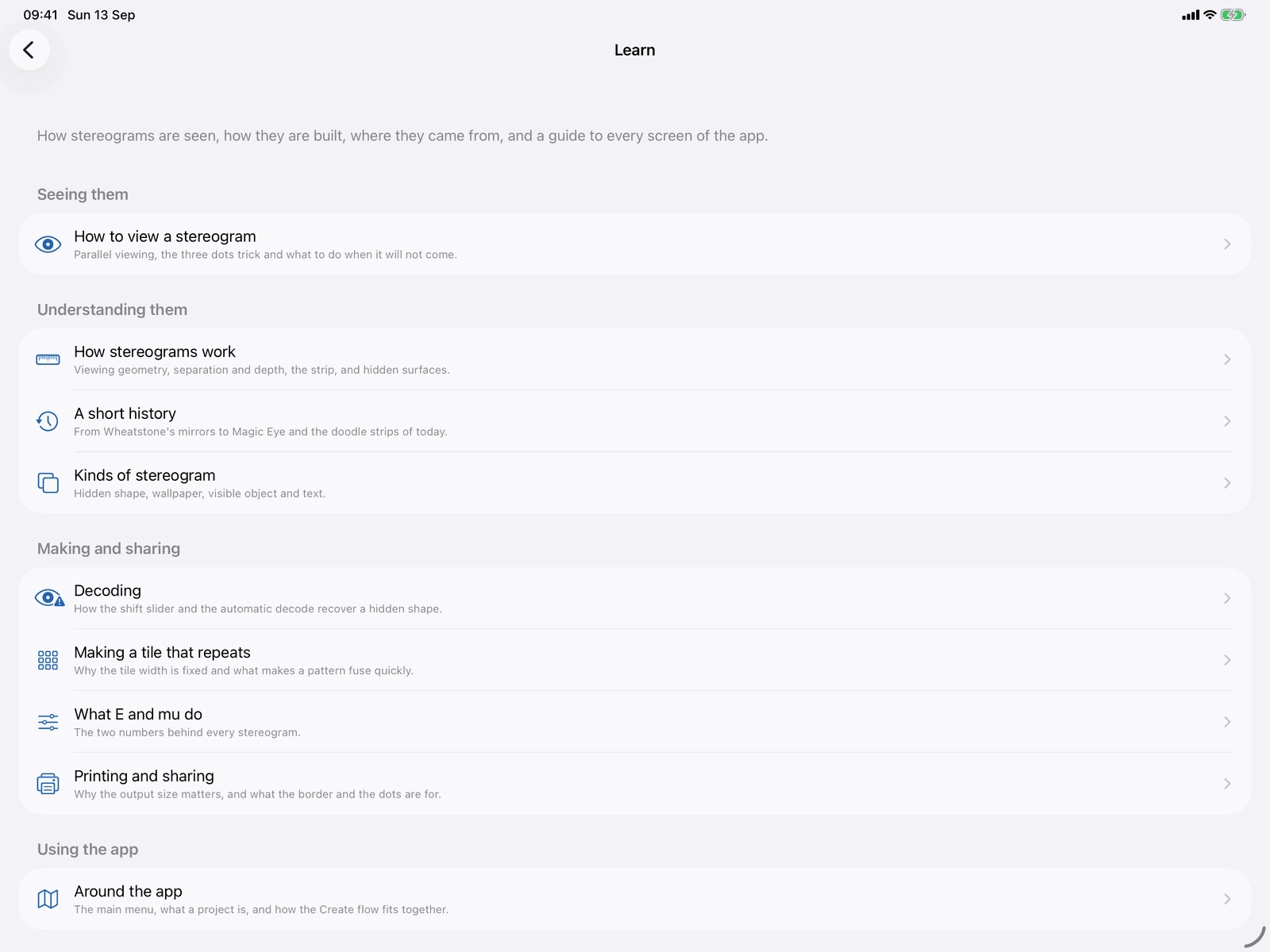 The Learn index in Stereogram Studio on an iPad, listing articles on seeing, understanding, making and sharing stereograms