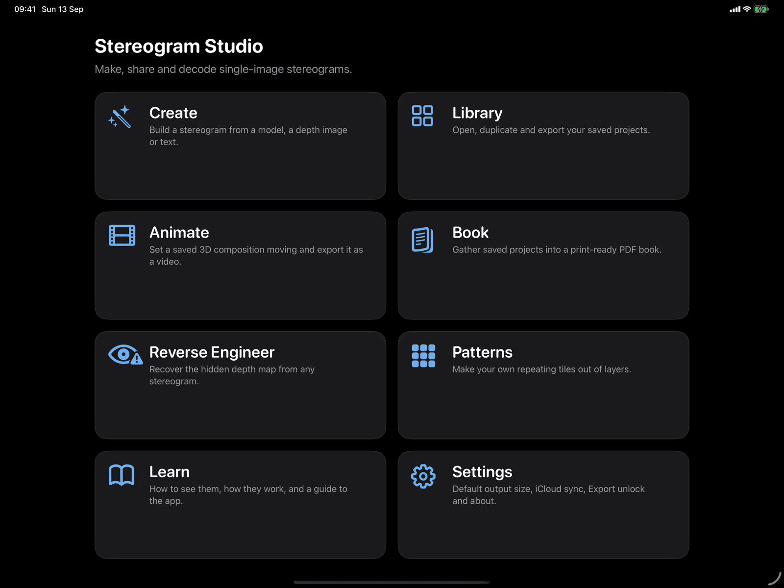 The Stereogram Studio main menu on an iPad in dark mode: Create, Library, Animate, Book, Reverse Engineer, Patterns, Learn and Settings