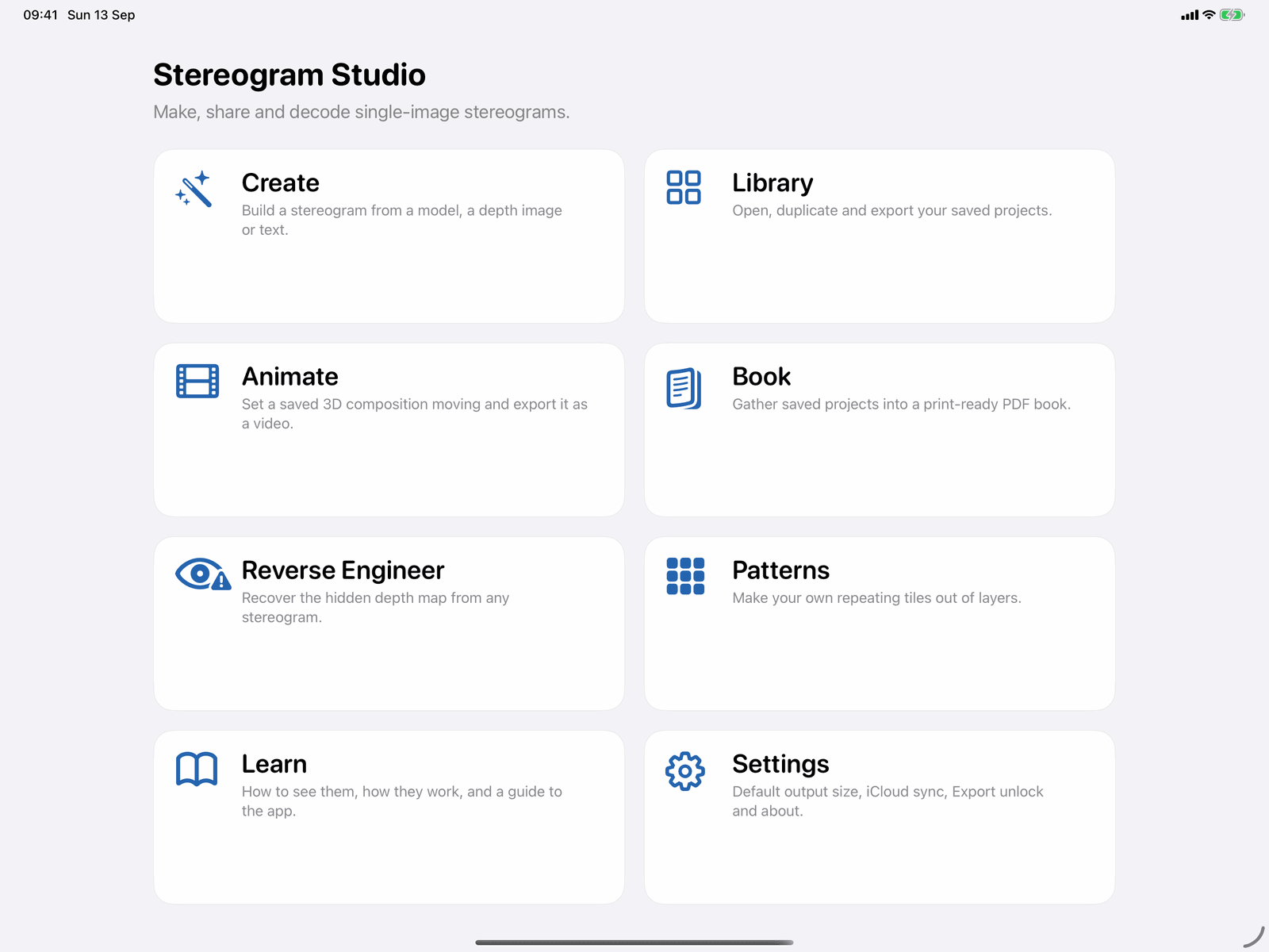 The Stereogram Studio main menu on an iPad: Create, Library, Animate, Book, Reverse Engineer, Patterns, Learn and Settings