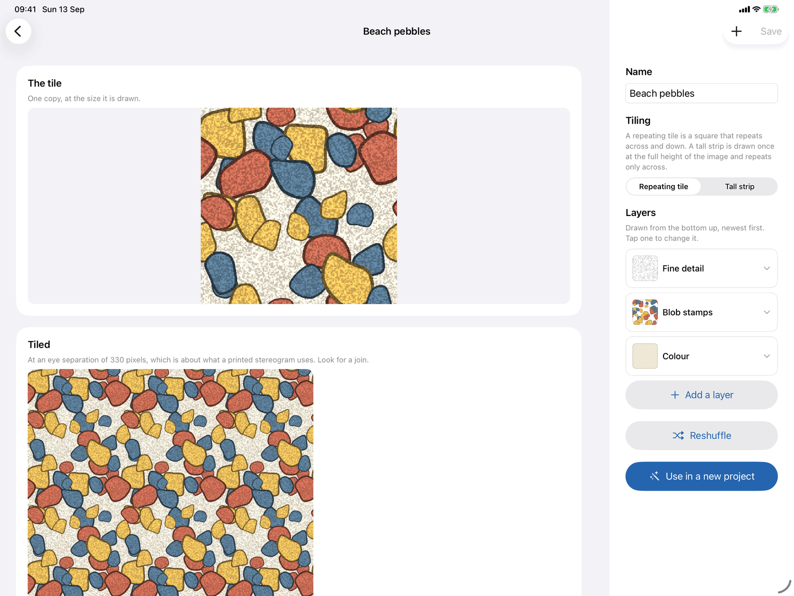 The pattern maker in Stereogram Studio on an iPad: a beach pebbles tile, the same tile repeated at stereogram spacing, and its layer stack