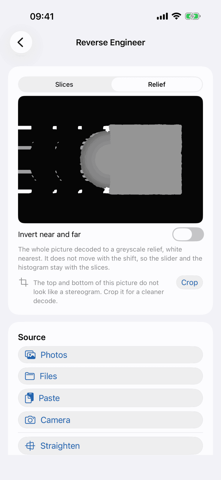 Reverse Engineer in Stereogram Studio on an iPhone, showing the greyscale relief recovered from a stereogram