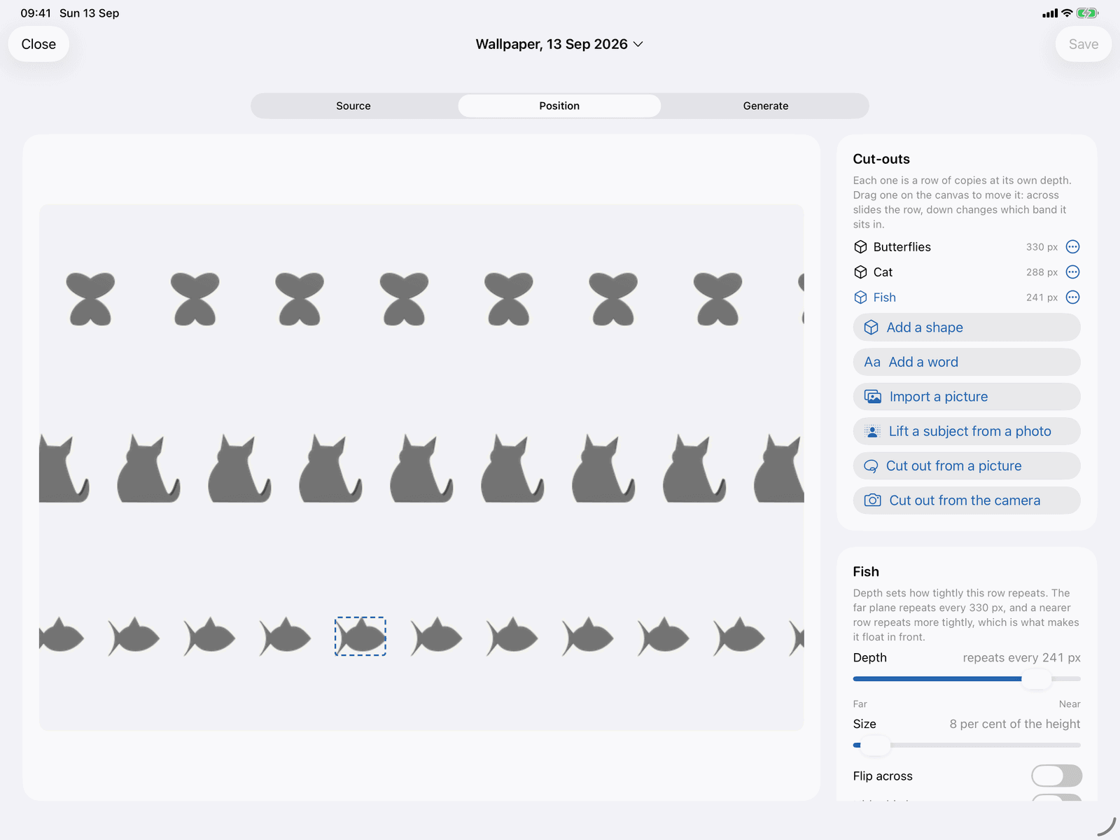 A wallpaper stereogram in Stereogram Studio on an iPad: rows of butterflies, cats and fish, each row at its own depth