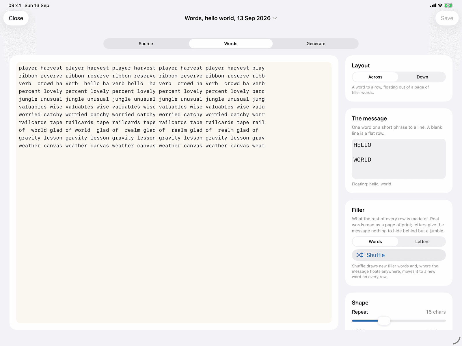 A word stereogram in Stereogram Studio on an iPad: rows of filler words with a hidden message, and layout, message and filler controls beside them