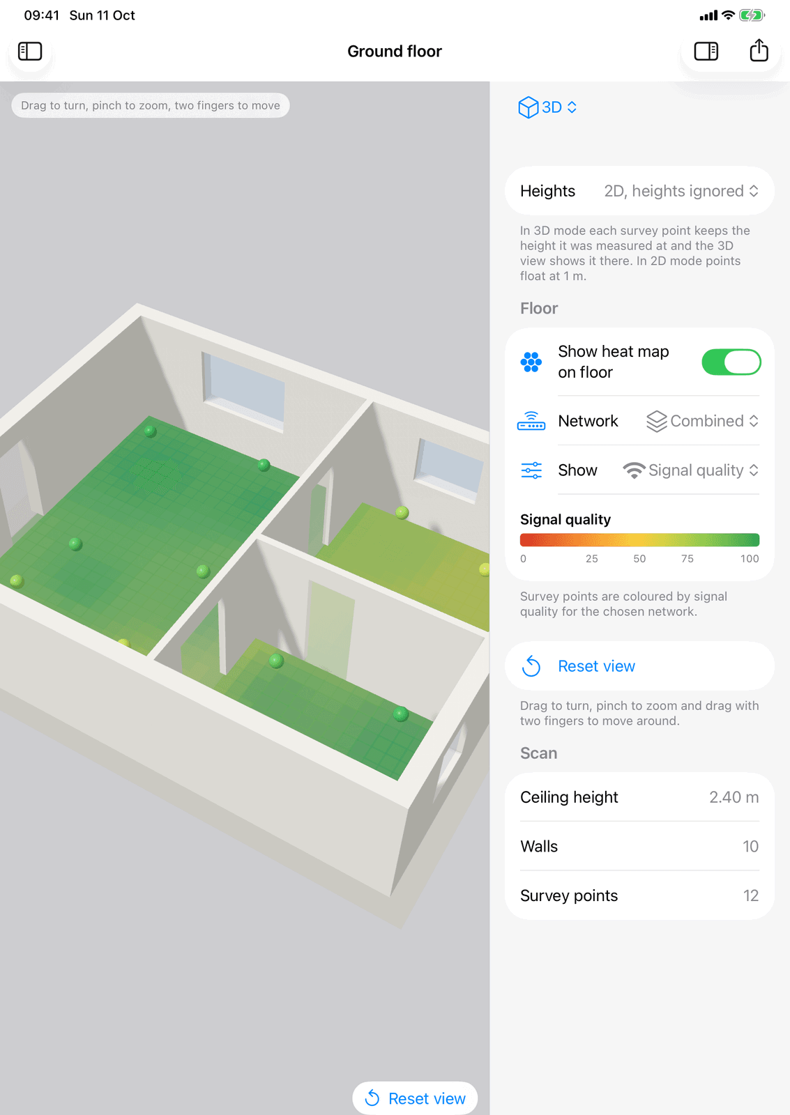 WiFi Plan on iPad: the house in 3D with the heat map on the floor