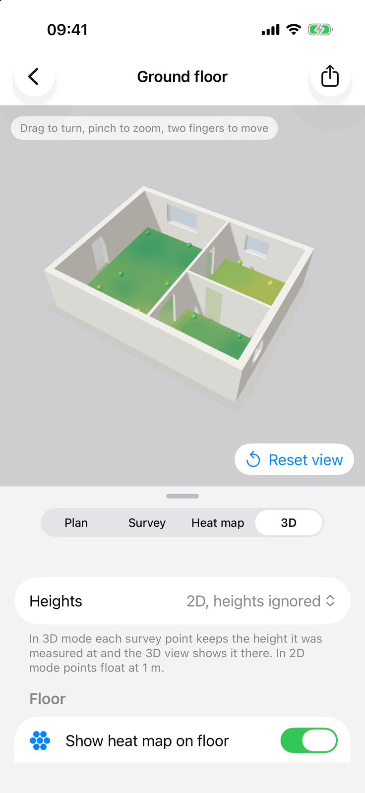 WiFi Plan on iPhone: the house in 3D with the heat map on the floor