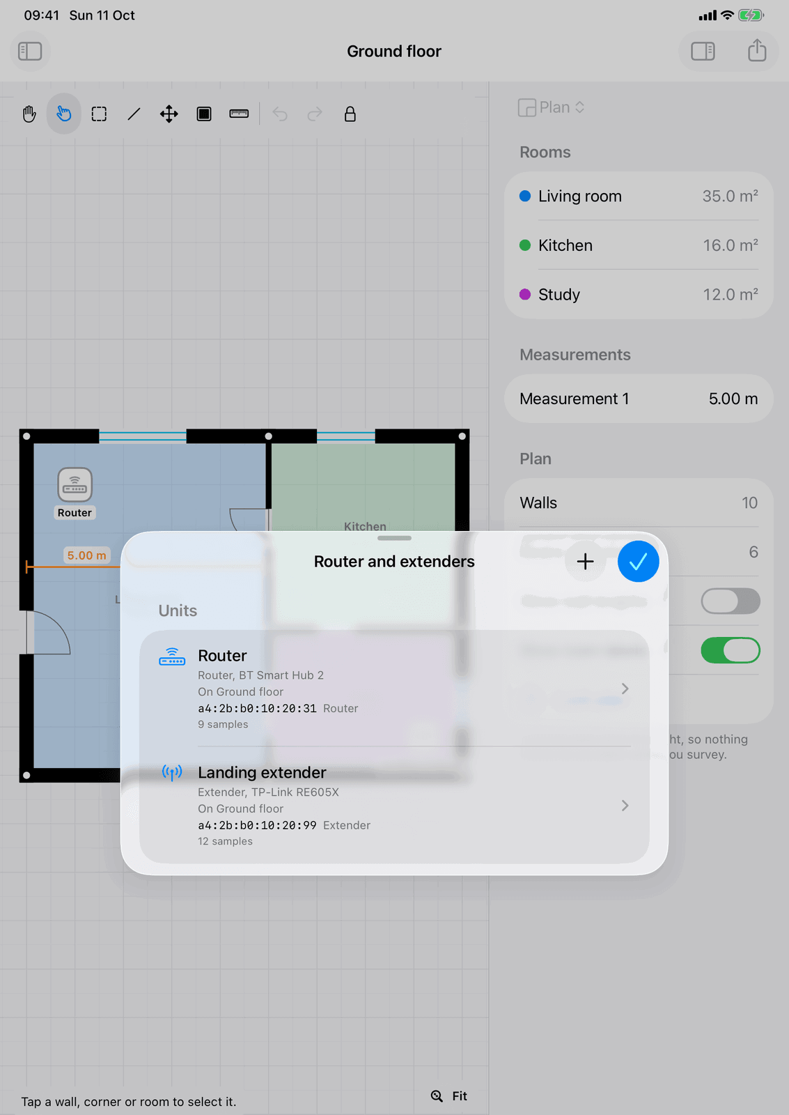 WiFi Plan on iPad: the Router and extenders sheet listing the router and a landing extender
