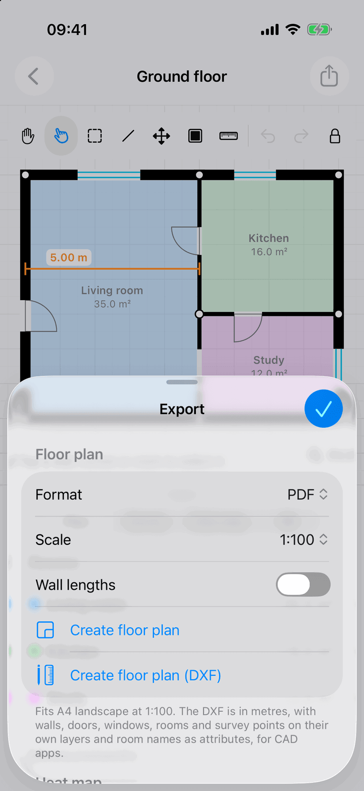 WiFi Plan on iPhone: the Export sheet with PDF and DXF floor plans