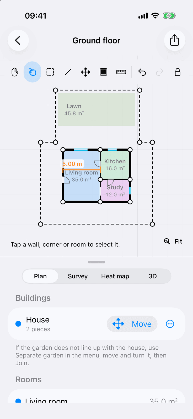 WiFi Plan on iPhone: the walked garden boundary with the house and lawn inside it