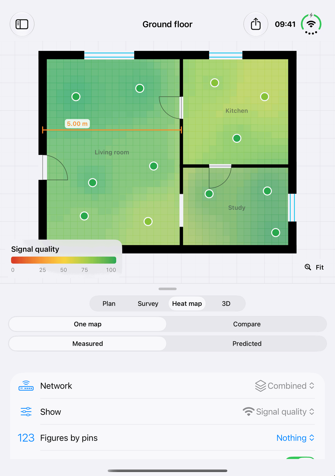 WiFi Plan on iPhone Duo, open: the heat map with the controls underneath