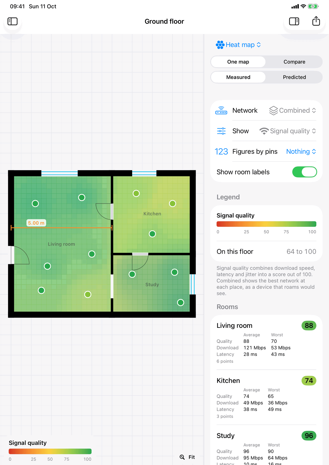 WiFi Plan on iPad: the heat map of the sample house, green where WiFi is good, with a quality summary for each room