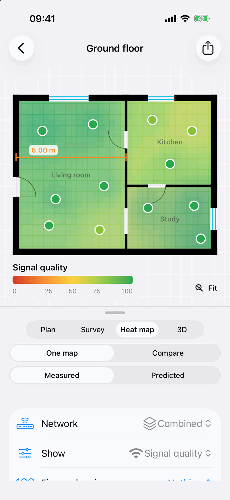 WiFi Plan on iPhone: the heat map of the sample house with the signal quality key