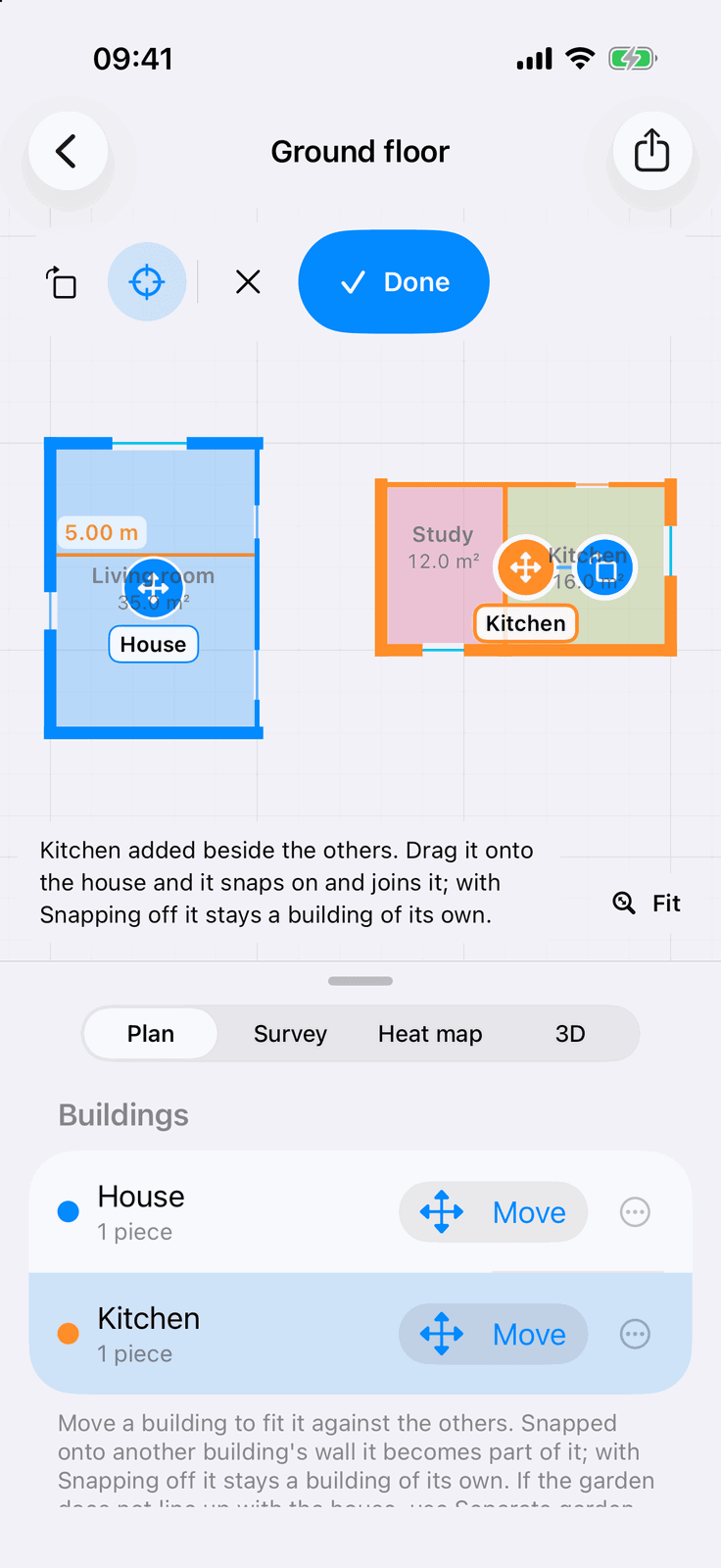 WiFi Plan on iPhone: a second scan arriving as its own piece beside the house