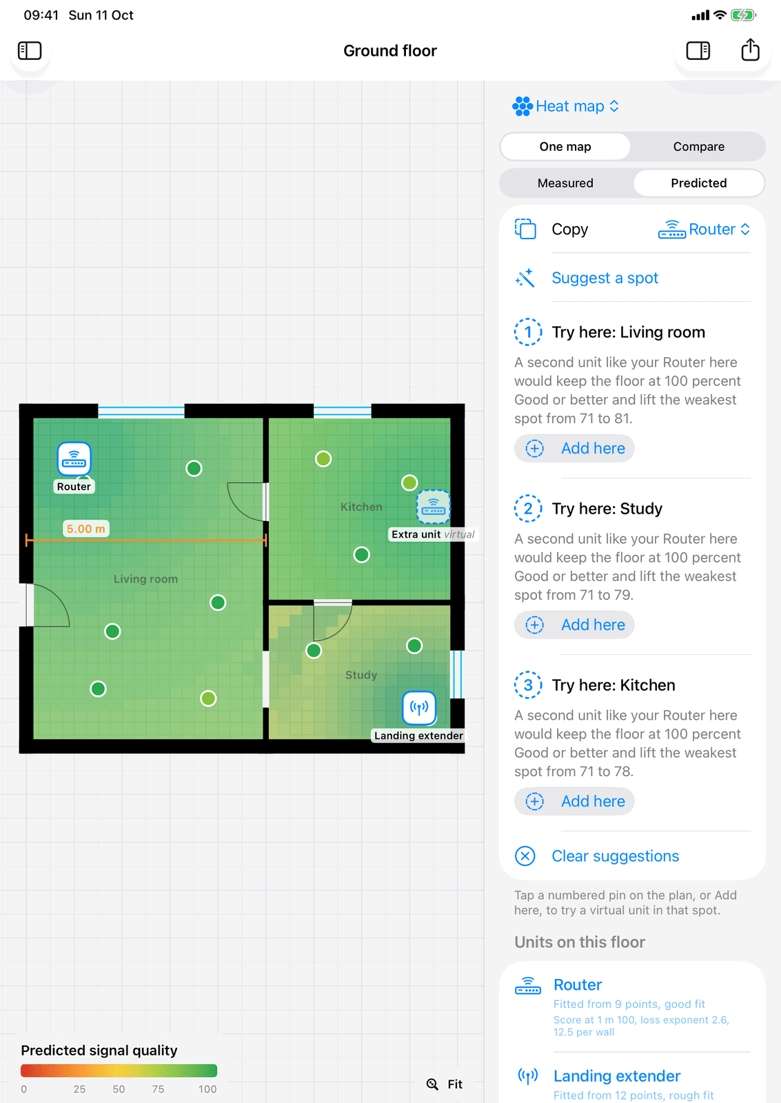 WiFi Plan on iPad: predicted coverage with a virtual extender and three suggested spots