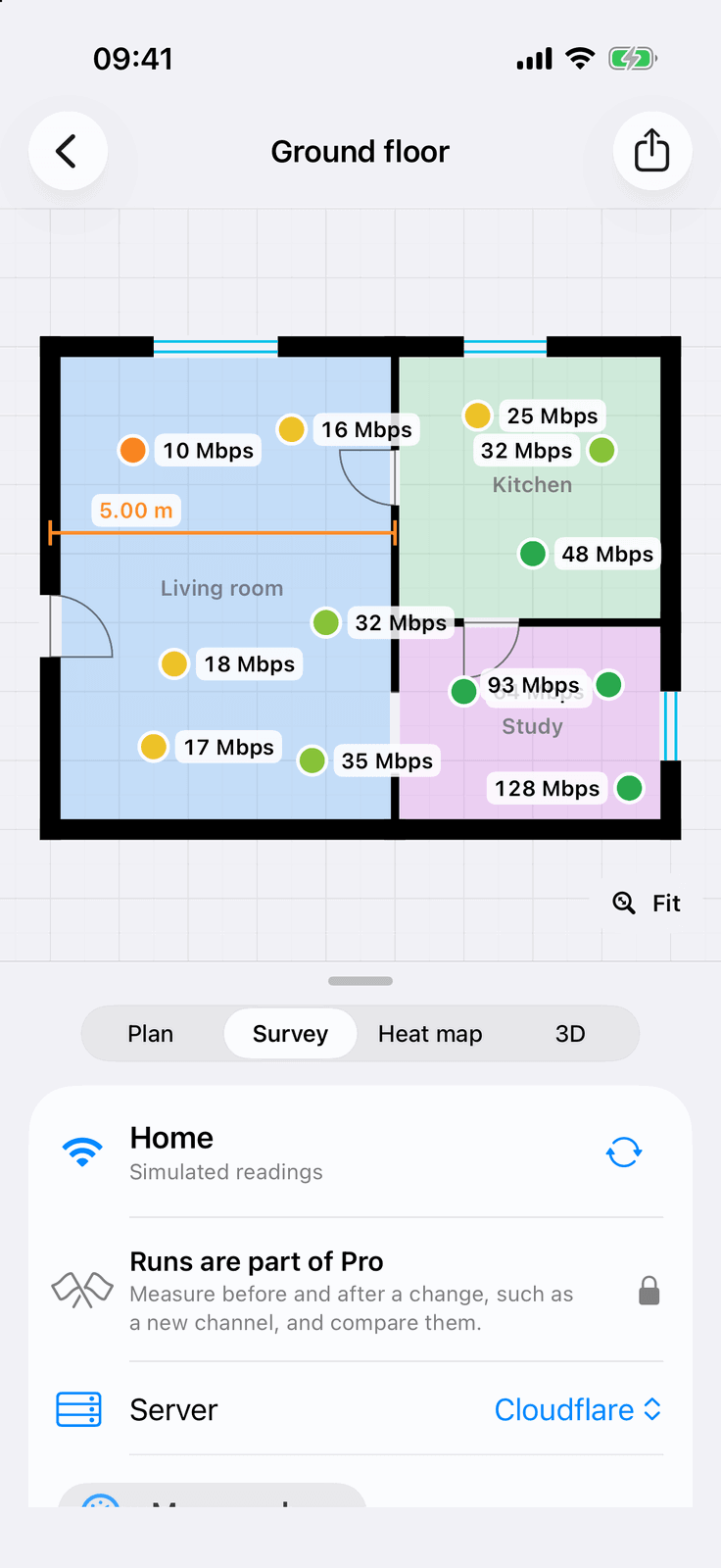 WiFi Plan on iPhone: survey points on the plan with the download speed beside each pin
